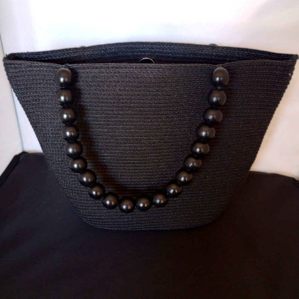 Talbot Black Weaved Purse Handbag with Wood Beaded Handle